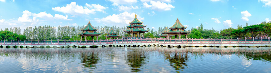 Ancient Siam (Ancient City, Muang Boran) park, view Sala of Ramayana on water at the bright blue