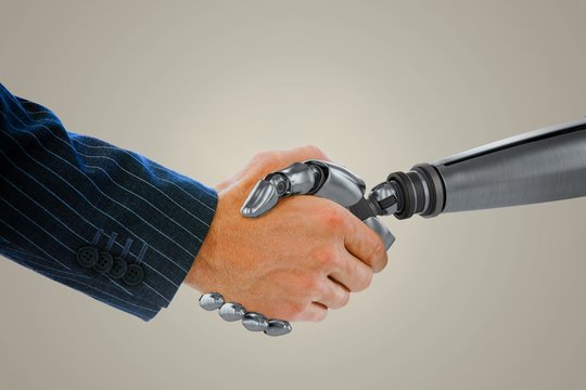 Composite image of businessman shaking hand of robot