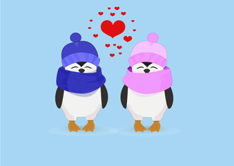 Penguin couple in hats and heart on a blue background