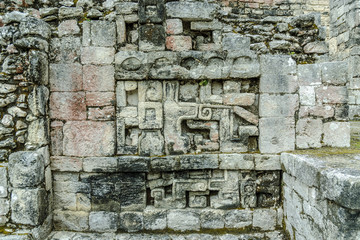 geometric decorations in the Mayan ruins of the archaeological place of Becan in the reservation of...