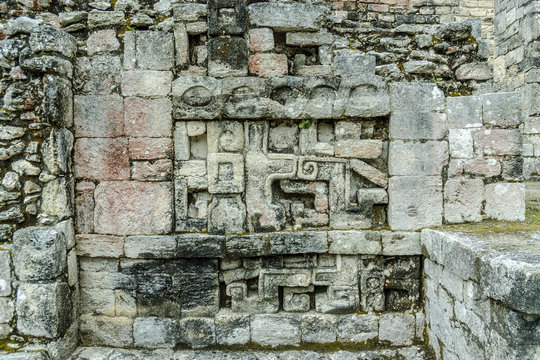 geometric decorations in the Mayan ruins of the archaeological place of Becan in the reservation of the biosphere of Calakmul in Campeche, Mexico.