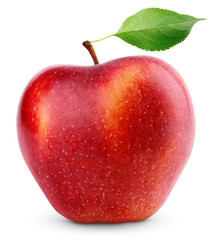 Single ripe red apple fruit with green apple leaf isolated on white background with clipping path
