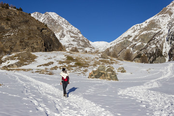 Hiking in winter. Grauson walloon, Cogne, Aosta valley, Italy