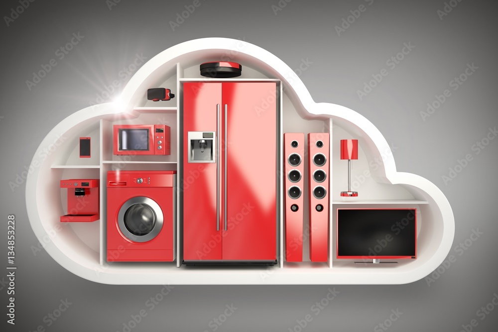 Poster composite image of red colored appliance in cloud shape 3d