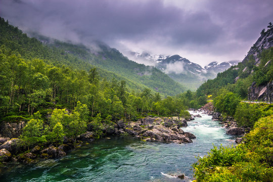 July 21, 2015: Small river in the norwegian countryside, Norway