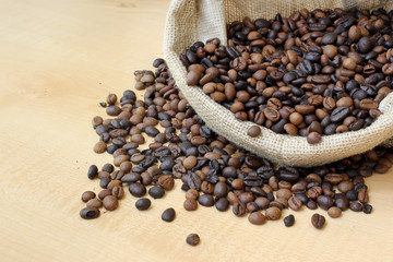 roasted coffee beans in sack bag