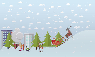 Vector illustration of Santa Claus riding sleigh in flat style