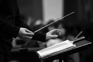  Hands of conductor closeup in black and white - obrazy, fototapety, plakaty