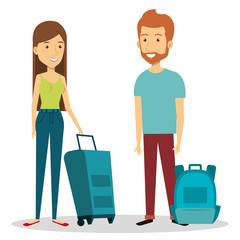 travelers group with suitcases avatars vector illustration design