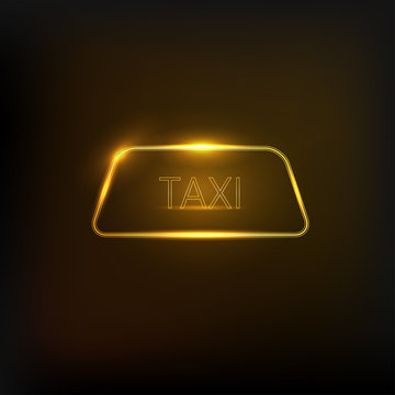 Taxi car roof sign on a black background. Neon public transport design. Vector illustration. 