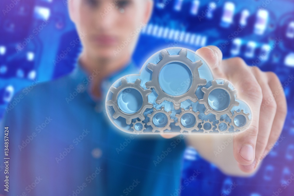 Poster composite image of man touching invisible screen 3d