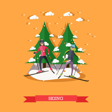 Vector illustration of people skiing in flat design