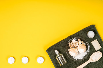 Spa set: soap, essential oil, sea salt and towel.