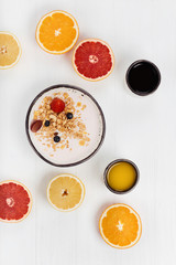 Decent healthy breakfast served with oranges