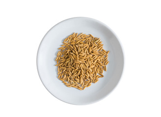 Fototapeta na wymiar paddy rice in white plate on white background