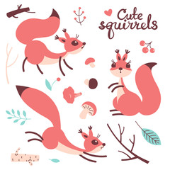 Naklejka premium Cartoon cute squirrel. Little funny squirrels. Vector illustration