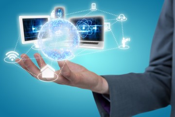 Composite image of cropped image of businessman offering 3d