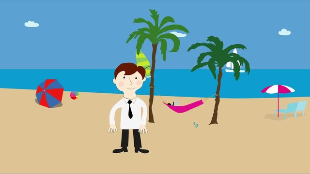 Business man on beach. Summer vacation by the sea. Animation with concept of holiday and travel.
