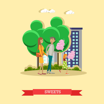 Vector illustration of happy family with cotton candy, flat style