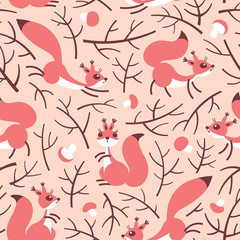 Fototapeta na wymiar Little cute squirrels in the fall forest. Seamless autumn pattern for gift wrapping, wallpaper, childrens room or clothing.