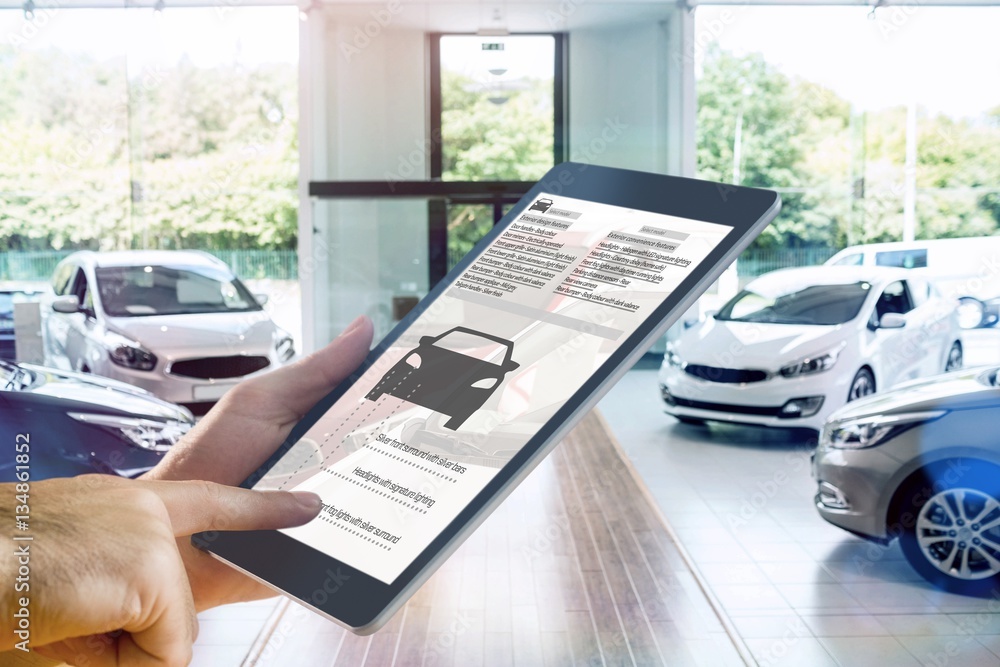 Poster composite image of man using tablet pc