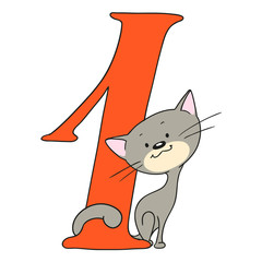 Number one. Fun with numbers and animals. Kitten and figure. Isolated vector doodle.