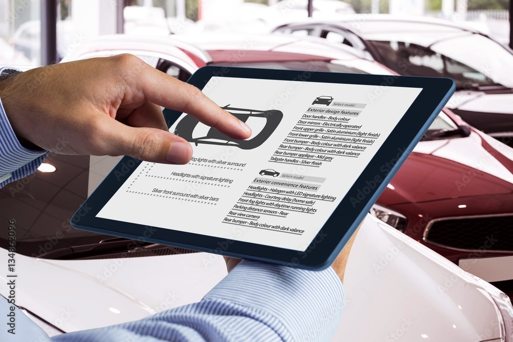 Poster composite image of man using tablet pc