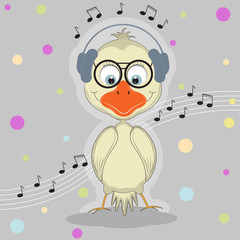 Fototapeta premium Cute cartoon bird with headphones listening to music.