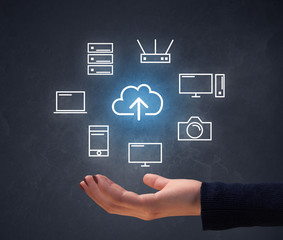 Hand holding technology related icons