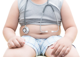 Obese asian boy show belly with stethoscope