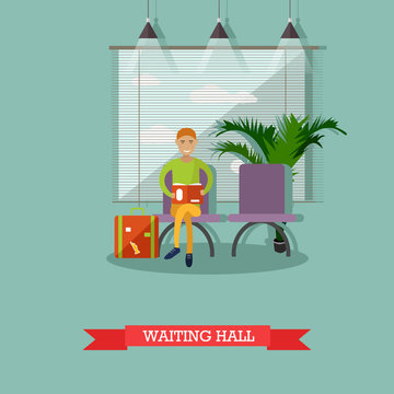 Vector illustration of passenger sitting in waiting hall, flat style.