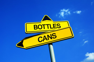 Bottles vs Cans - Traffic sign with two options - Dilemma between glass and aluminiun material for packaging and storage of drink. Question of weight, portability, recycling and taste of beverage