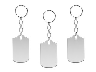Set of silver blank key chains isolated on white background. 3D illustration