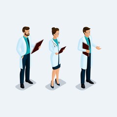 Set of isometric medical doctors and surgeons workers isolated on a light background. Vector illustration