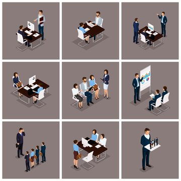 Business people isometric set of women and men in a set of 3D business concept isolated on a dark background