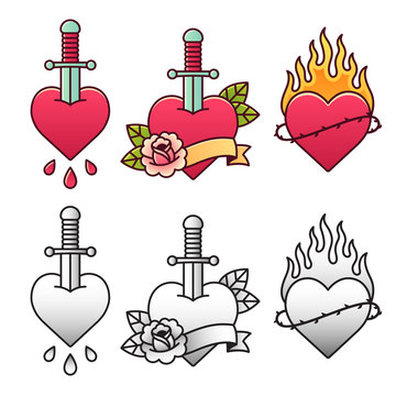 Traditional heart tattoo set