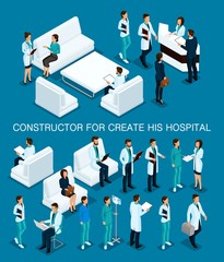 Business people isometric set to create his illustrations, hospitals, doctors, patients, reception, Nurse 3D medical staff isolated on a dark blue background