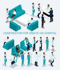 Business people isometric set to create his illustrations, hospitals, doctors, patients, reception, Nurse 3D medical staff isolated on a light background