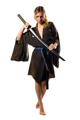 Blonde woman dressed like samurai with a katana