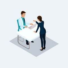 Set of medical workers and customers isometric communicate at the table, a reception at the doctor isolated on a light background