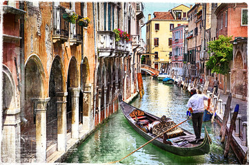 Fototapety  Romantic canals of beautiful Venice, artwork in paintig style