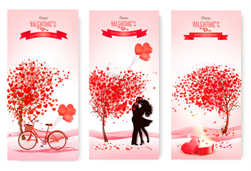 Three valentine's day banners with pink trees and hearts. Vector