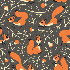 Little cute squirrels in the fall forest. Seamless autumn pattern for gift wrapping, wallpaper, childrens room or clothing.