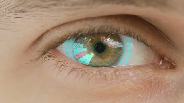 Close-up of eye with computer data and text overlayed. Zoom in centr. charts