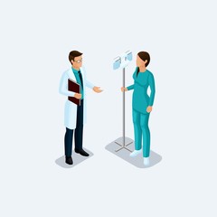 Isometric people, medical personnel, doctor and nurse with a dropper isolated on a light background. Vector illustration