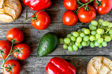 Healthy eating concept, vegetarian food, fruits and vegetables, flat lay from above