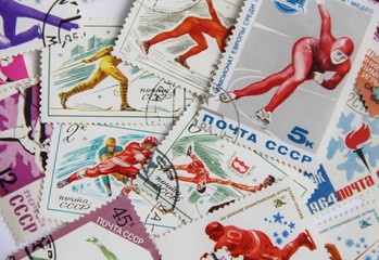 Postage stamps of the USSR on sport, background