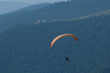 Paraglider flies paraglider over the tops of the mountains in summer sunny day. Carpathians, Ukraine.