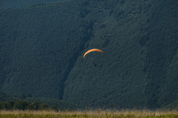 Paraglider flies paraglider over the tops of the mountains in summer sunny day. Carpathians, Ukraine.