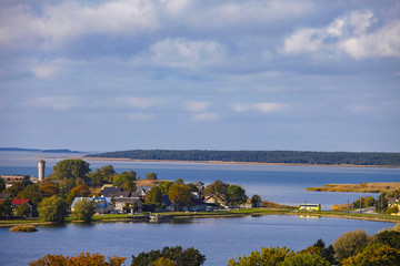 Fototapeta na wymiar Peninsula and nice village, view from castle tower, coast of Baltic sea, Haapsalu, Estonia
